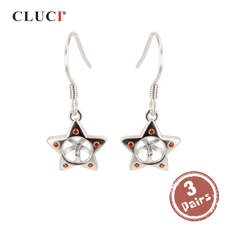 

CLUCI 3 pair wholesale Silver 925 Star Earring for Women Zircon Pearl Mounting 925 Sterling Silver Star Drop Earrings SE060SB