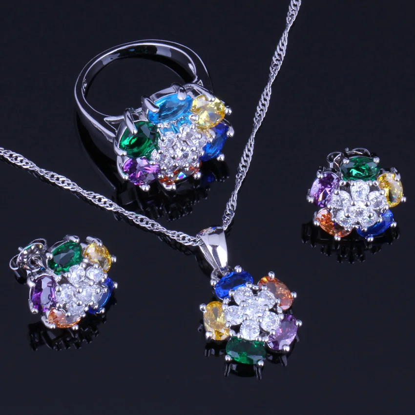 Multigem Multicolor Brown Cubic Zirconia Silver Plated Jewelry Sets Earrings Pendant Chain Ring V0232