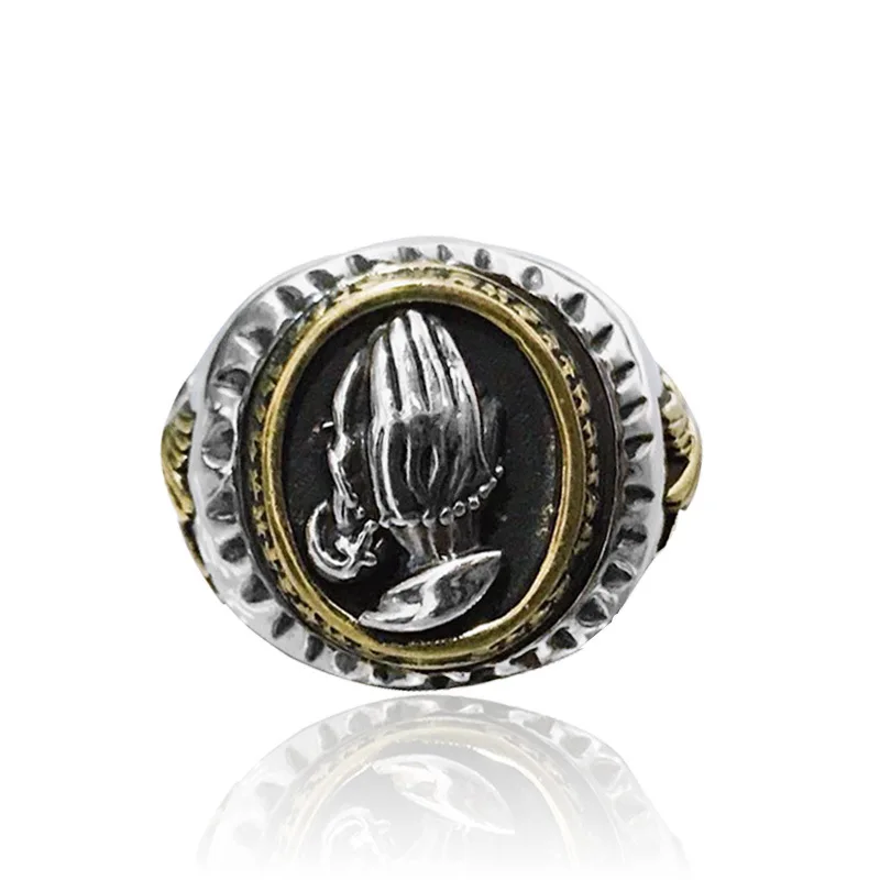 Mother Mary Prayer Hands Ring Europe and America Fashion Men's 925 Sterling Silver Vintage Ring