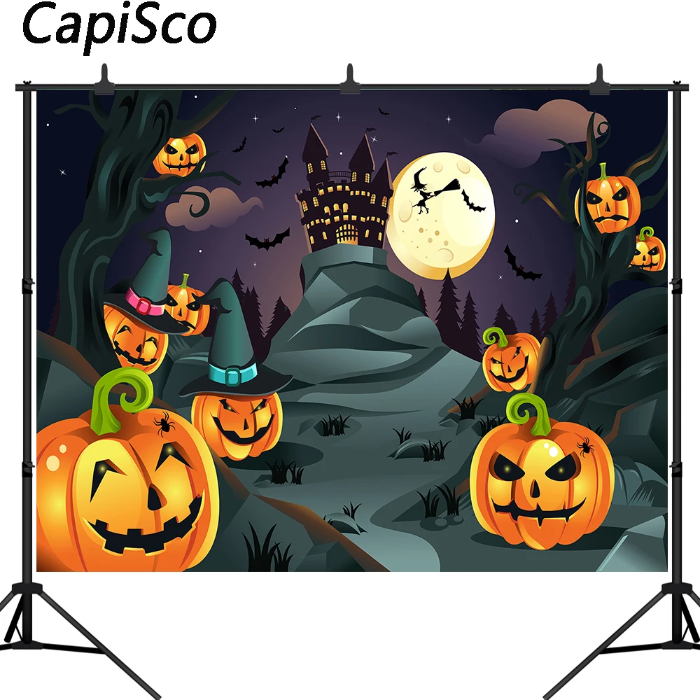 Capisco ฮาโลวีนการถ่ายภาพฉากหลังปราสาทฟักทองแม่มดภายใต้แสงจันทร์ภาพพื้นหลังสตูดิโอช่างภาพ Props