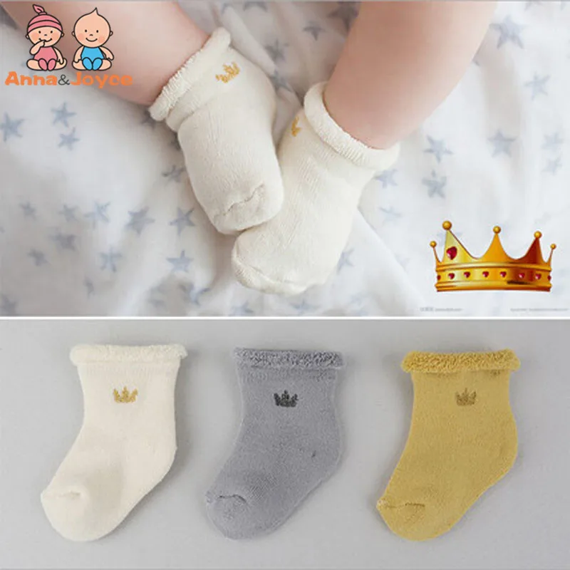 3pairs/Lot 0-2 Year Old South Korea's New Winter Tricholoma Gold Crown Children Terry Socks  85% Combed Cotton and 15% Spandex