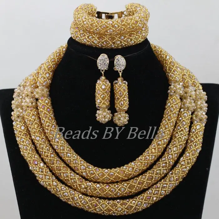 African Costume Bridal Jewelry Sets Women Christmas Gift Gold Crystal Nigerian Wedding Beads Necklace Set Free Shipping ABF943