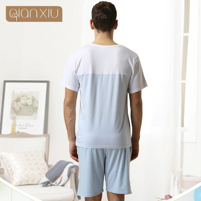 2024 Summer Men Casual Striped Pajama Sets Male Cotton Sleepwear Suit Short Sleeve O-neck Collar T Shirt & Half Pants Home Cloth