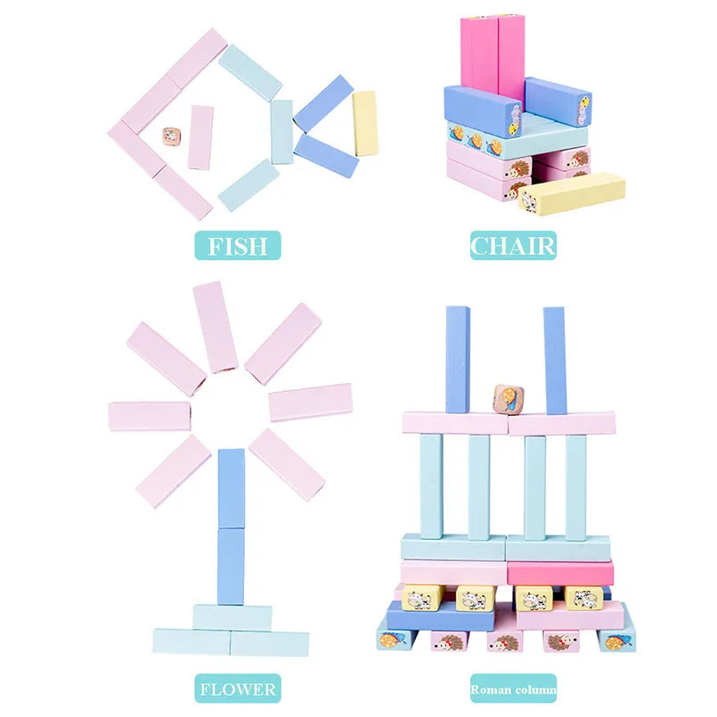 빅 사이즈 나무 따뜻한 색상 무지개 동물 타워 빌딩 블록 장난감, 도미노 쌓기 보드 게임, 몬테소리 어린이 장난감, 51 개/세트
