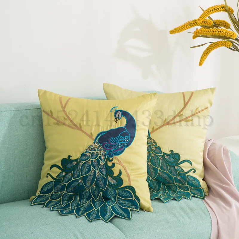 

Luxury Handmade Peacock pillowcase Faux Silk Decorative Embroidery Pillow Cover 45*45cm