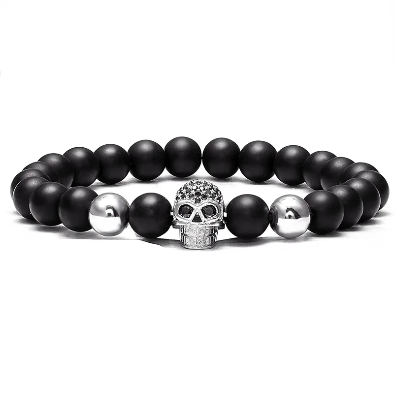 VOQ Fashion Vintage Men\'s Jewelry Black Zircon Skull Charm Bracelet 8mm Beads Natural Stone Bracelet Hot Sale