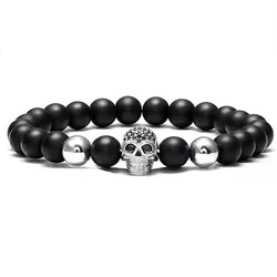 VOQ Fashion Vintage Men's Jewelry Black Zircon Skull Charm Bracelet 8mm Beads Natural Stone Bracelet Hot Sale