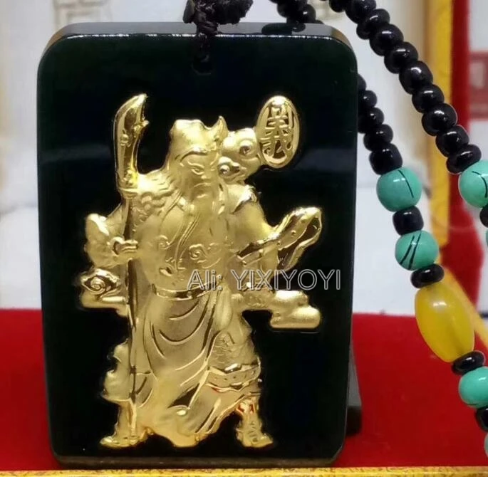 

Beautiful Natural Black Hetian Jade + 18K Gold Inlaid Chinese Blessing GuanGong Lucky Pendant + free Necklace Fine Jewelry