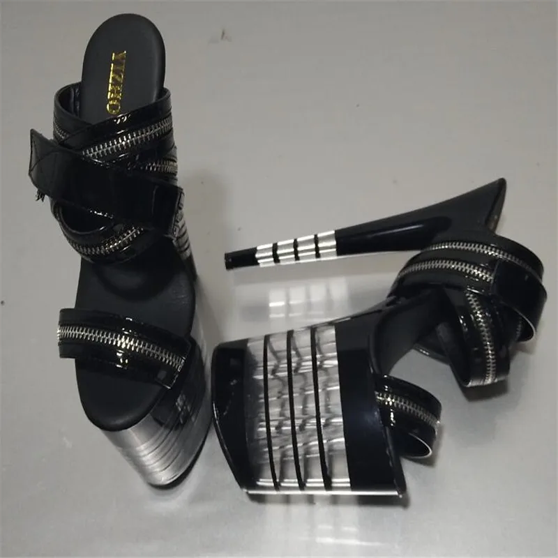 20cm platform sexy shoe Gorgeous Stripe Crystal sandals 8 inch zip back strap Dance Shoes sexy clubbing high heels