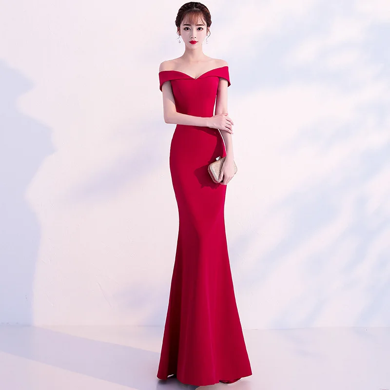 

Sexy Off Shoulder Solid Satin Mermaid Female Cheongsam Dress Vestidos Chinos Oriental Wedding Gowns Party Dresses Oversize 3XL