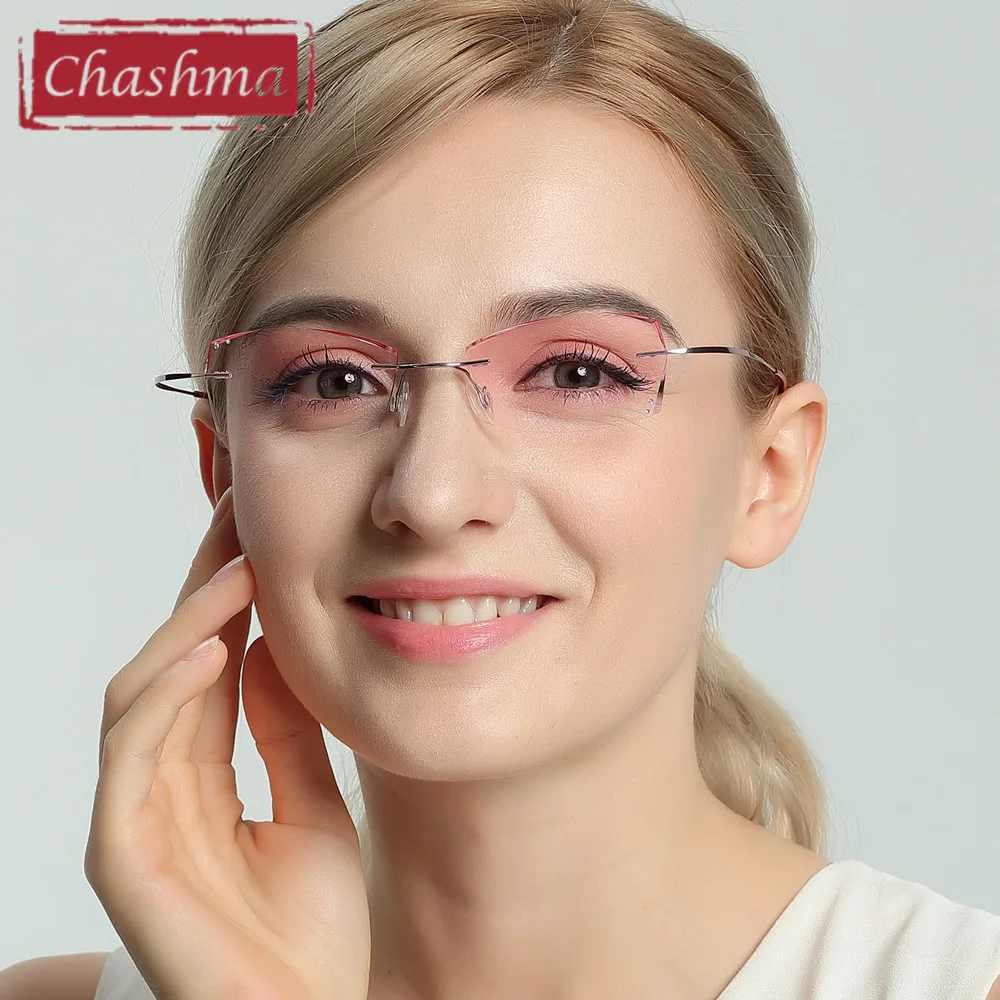 

Chashma B Titanium Fashionable Lady Eye Glasses Diamond Trimmed Rimless Spectacle Frames Women Eyeglass Frame Tint Lenses