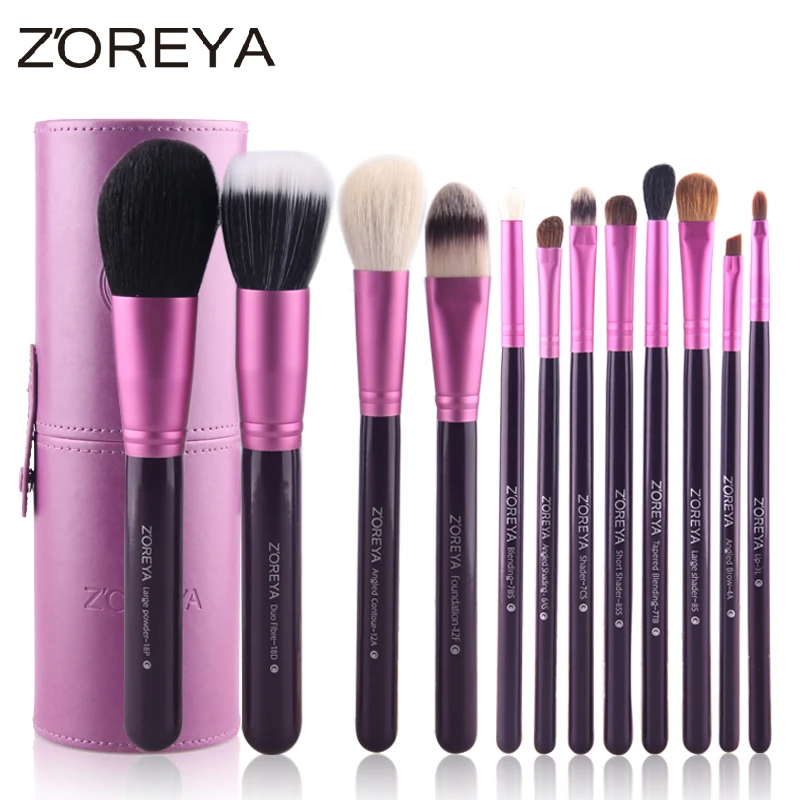 Zoreya Brand 12pcs Natural Goat Hair Makeup Brushes Women Professional Cosmetic Tool Make Up Holder Powder Brush Set Animal Wool