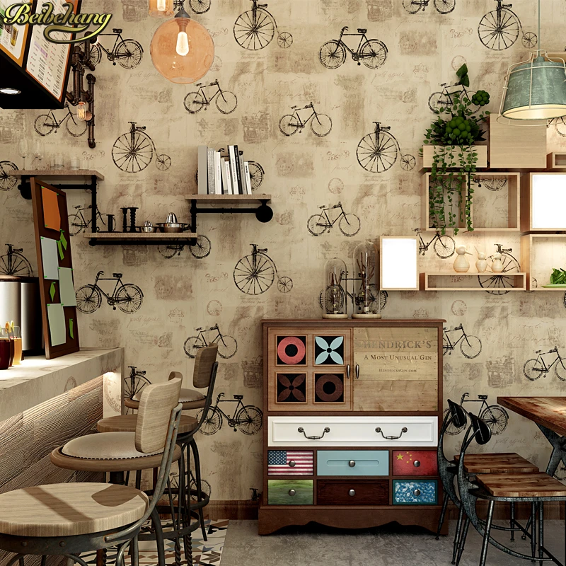 beibehang Retro nostalgic wallpaper bicycle stamp english alphabet cafe restaurant industrial wind wall paper papel de parede