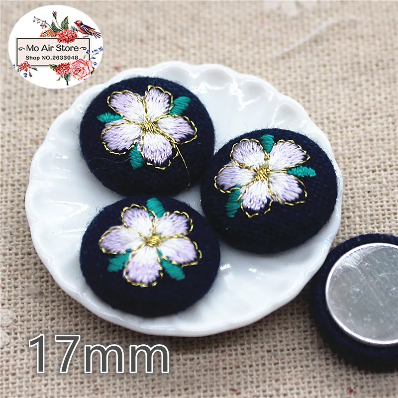 10 pz ricamo fiore di camelia Flatback tessuto coperto bottoni rotondi giardino di casa artigianato Cabochon Scrapbooking artigianato fai da te 17mm