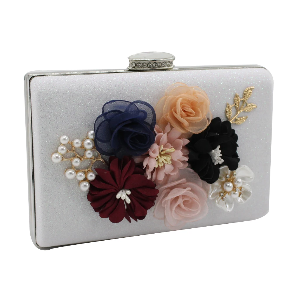 Bolso de mano para mujer, morral duro de dos Minaudiere Floral brillante de la flor de la pu con el bolso del taladro perlas de la noche del boda especial, novedad de 2018