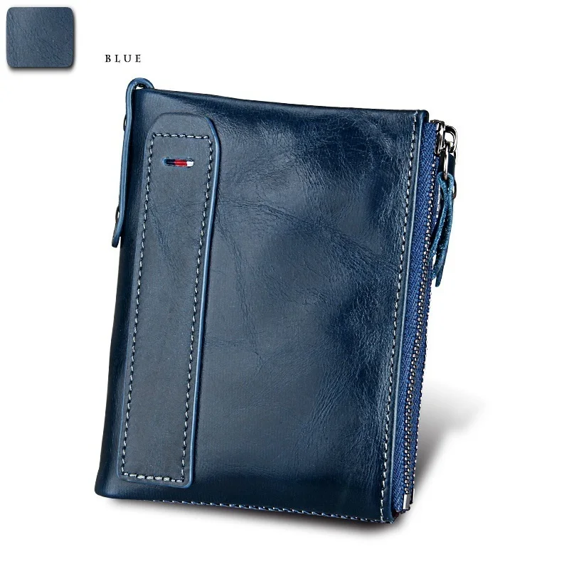 2019 Vintage Genuine Cow Leather Men Wallet ID Card Holder Coin Purse Male Wallets Double Zipper Small Mam Mini Purse Carteira