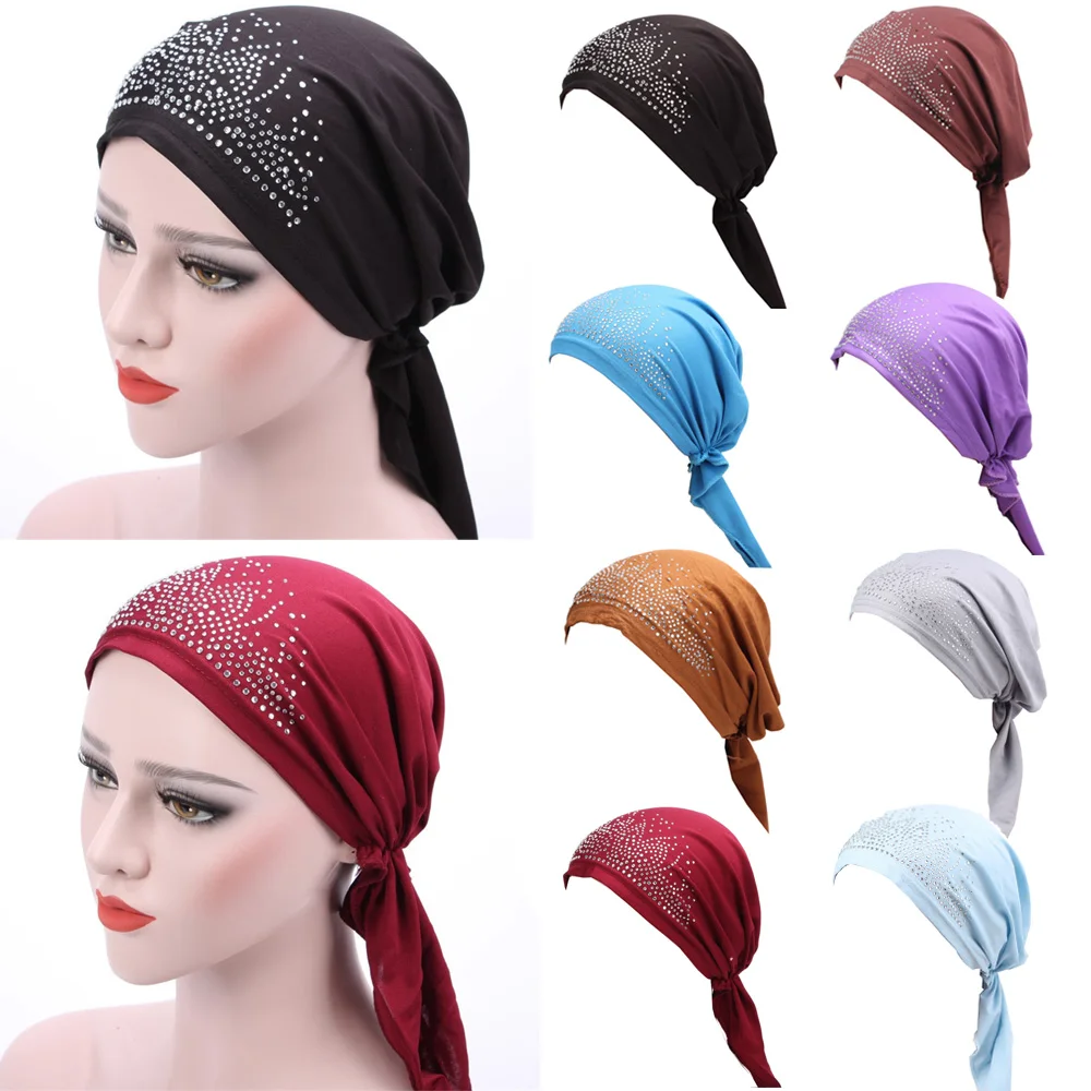 

Women Ladies Elastic Rhinestones Turban Hats Solid Color Hair Head Wrap Cap HATQD0044