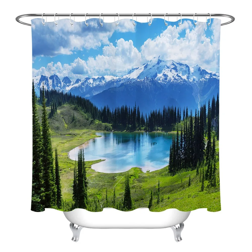 Green Tree Lake Snowy Mountains Shower Curtains Bathroom Curtain Mat Set Nature Scenic Waterproof Fabric For Bathtub Decor