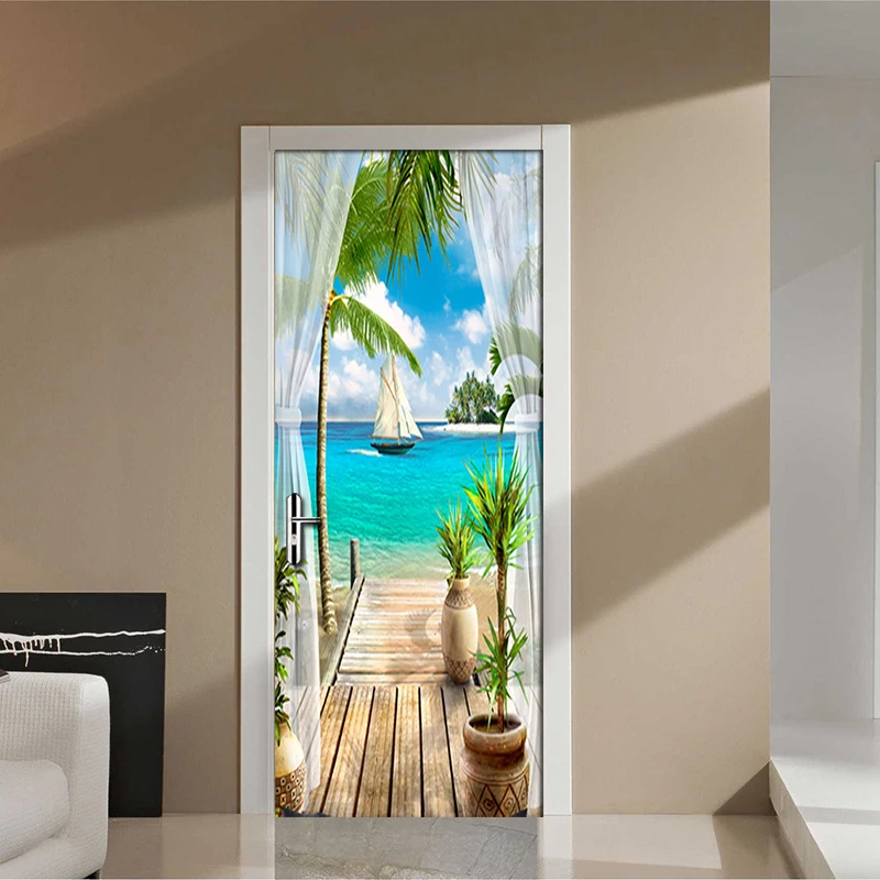 

Balcony Sea View 3D Door Sticker Wall Painting Living Room Bedroom Door Wallpaper Wall Stickers Self-adhesive Waterproof Decor