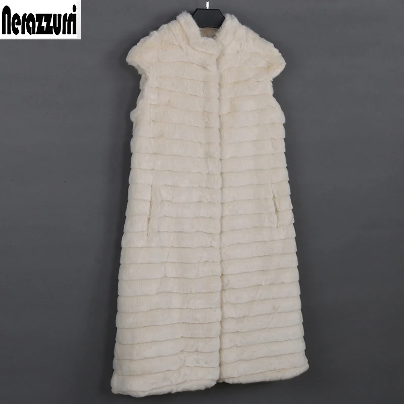 Nerazzurri Autumn Long Beige Striped Warm Fluffy Faux Fur Vest Women Stand Collar Fake Rabbit Fur Gilet Sleeveless Jacket XXXL