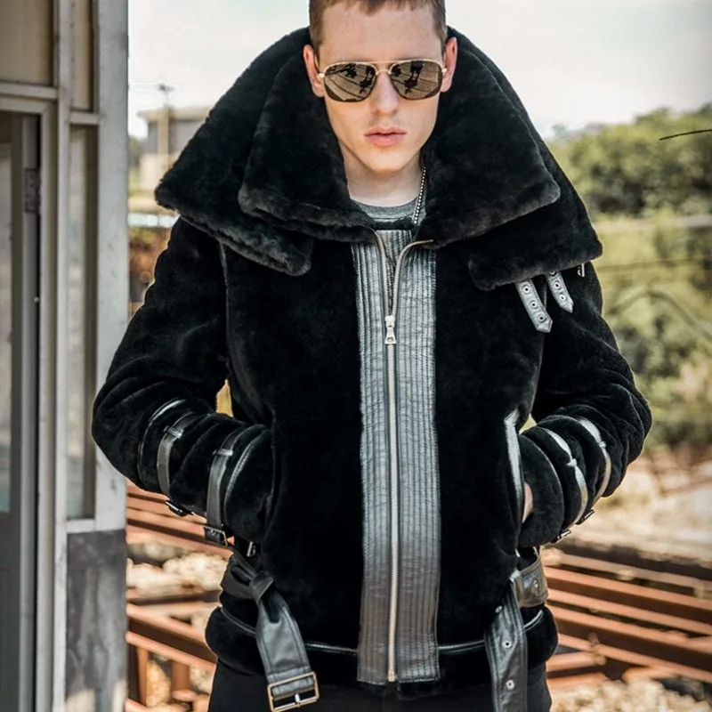 Top Quality Mens Winter Lamb Wool Motorcycle Jacket Thick Sheep Real Fur Coat Male Plus Size Shearling Biker Overcoat Punk Coats