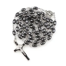 Oval Hematite Bead Catholic Rosary Pendant Necklace Alloy Cross Jesus Cross Pendant Benedict Connectors Religious Necklaces