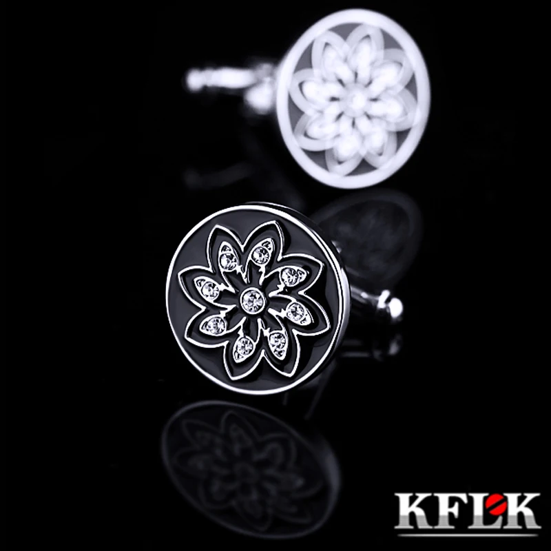 KFLK Jewelry shirt Fashion cufflinks for mens Brand Black Cuff link Wholesale Round Button High Quality Crystal guests