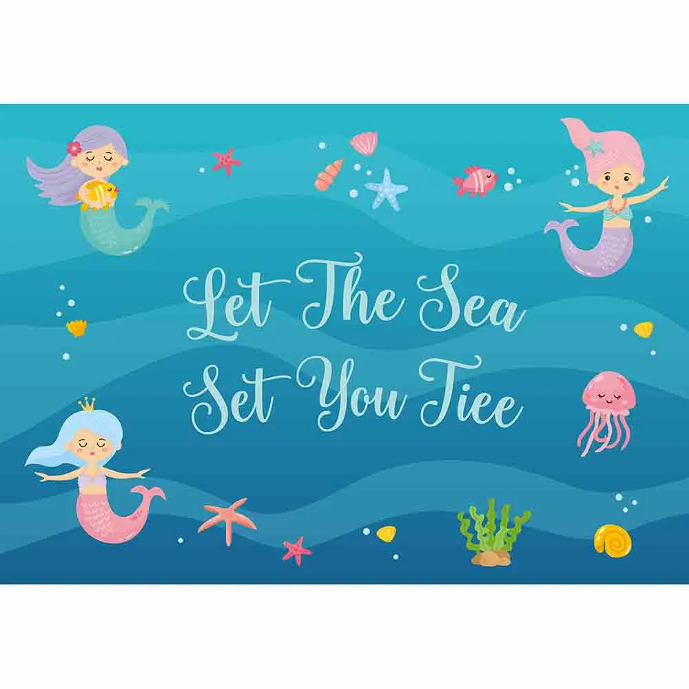 Allenjoy photocall backdrop Mermaid blue ocean shell fish Seaweed jellyfish starfish girl children summer party photo background