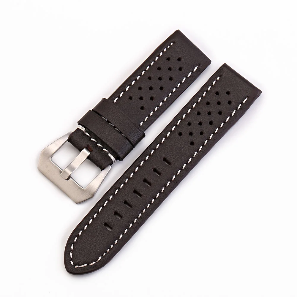 High Quality New Cowhide Slub Grain Black Watchbands Genuine Leather Strap Watch Band 20mm 22mm 24mm 26mm Ventilation Bracelet