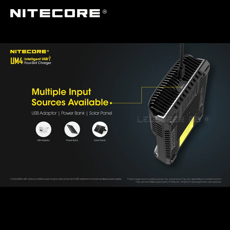 Intelligent Nitecore UM4 Four-Slot USB Charger Compatible with Battery IMR Li-ion LiFePO4 Ni-MH Ni-Cd