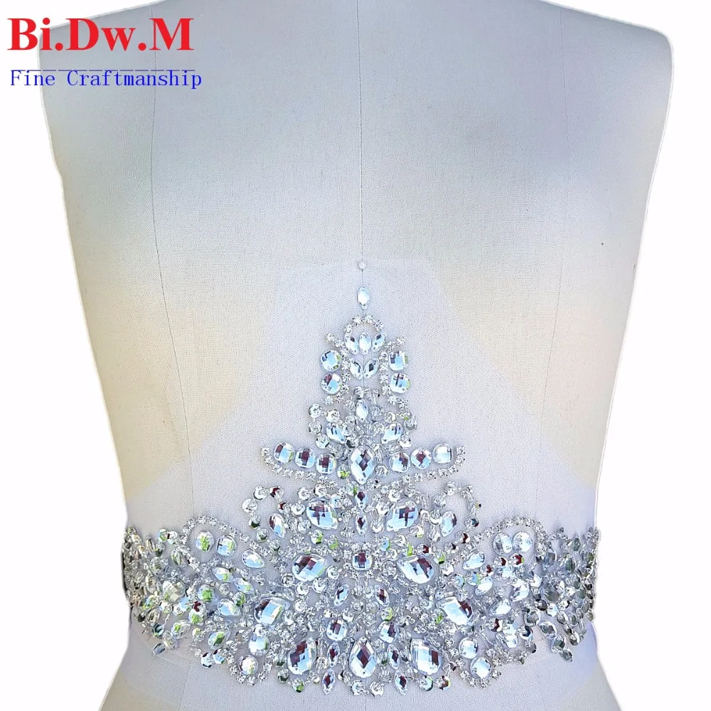 

Bi.Dw.M,New Hand Made Beaded Sequins Rhinestone Crystal Sewing Applique Patches 18x39cm Sew-On Waist Sash Wedding Decoration Diy