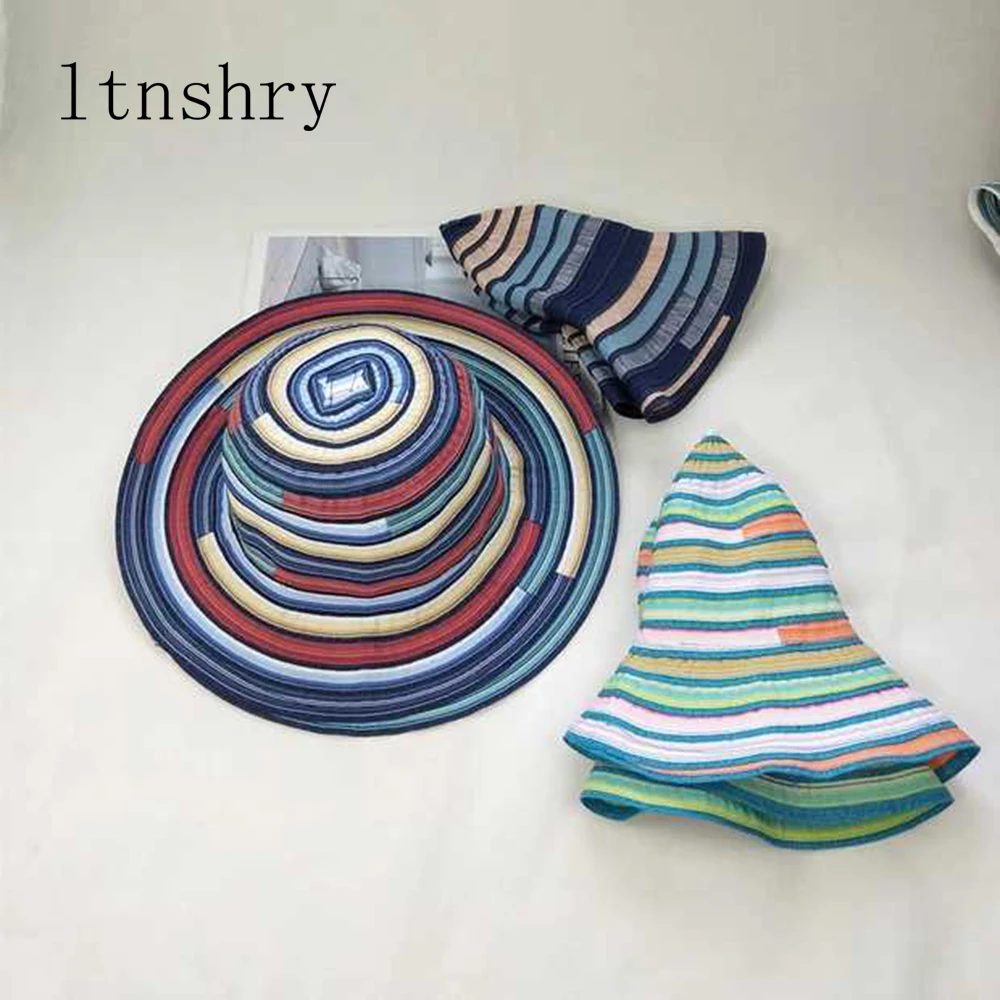 

Summer Women HatsWide side Sun Hat Fashion Bucket cap Women Travel Striped Beach Foldable Brimmed Cotton Hats Girls Sunhat
