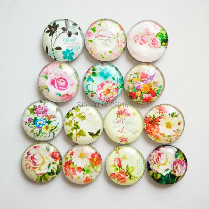 Free shipping (14pcs/lot) Retro flowers Round Crystal Glass fridge magnet Rose message sticker Kitchen home Decoration