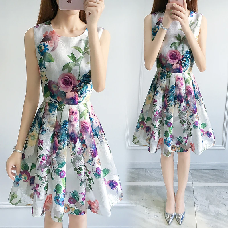 

new summer new dress stamp sleeveless dress waist slim ladies temperament