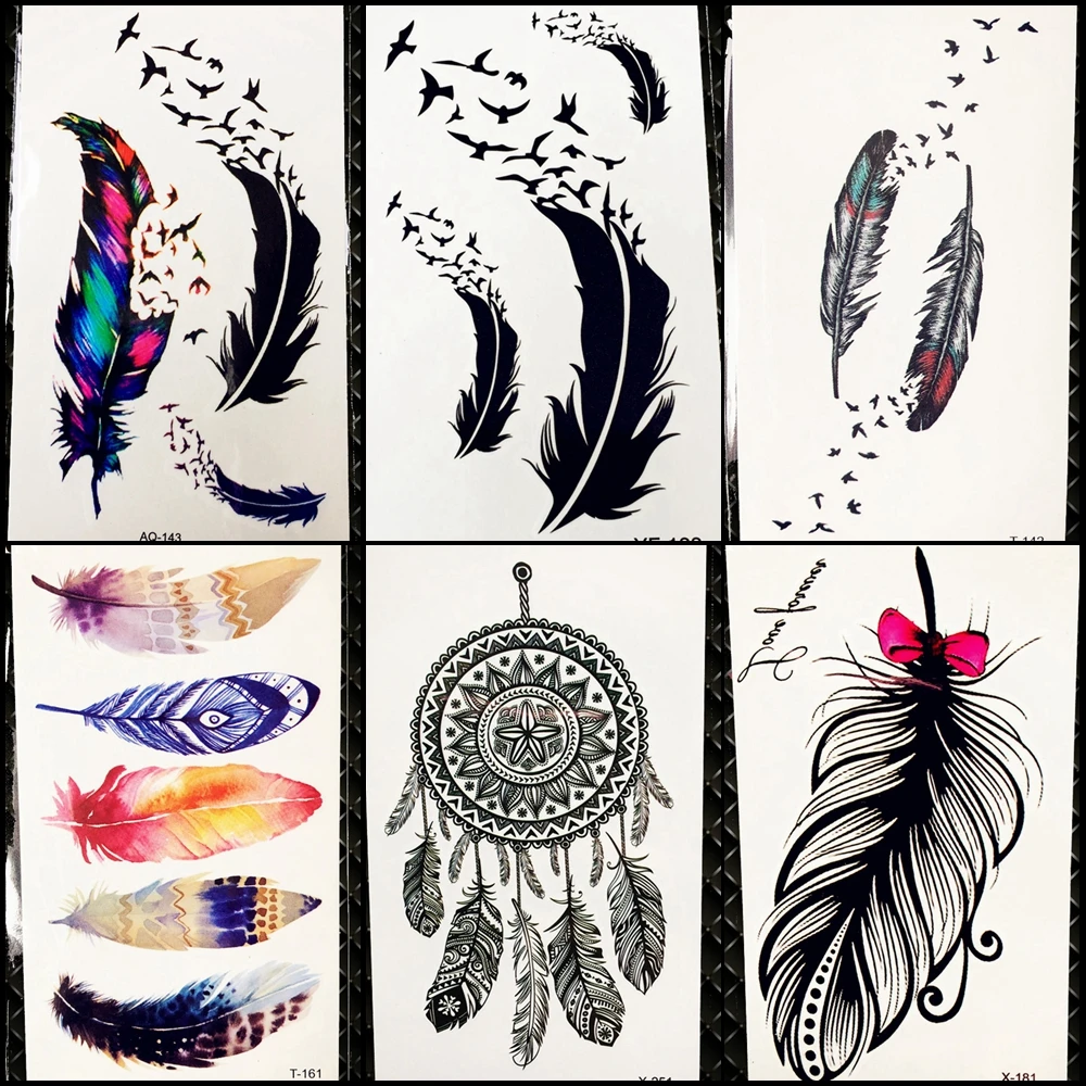 Hot Sale Black Feather Temporary Tattoo Women Makeup Arm Fake Tatoos Stickers Birds Water Transfer Dreamcatcher Tattoo DIY Girl