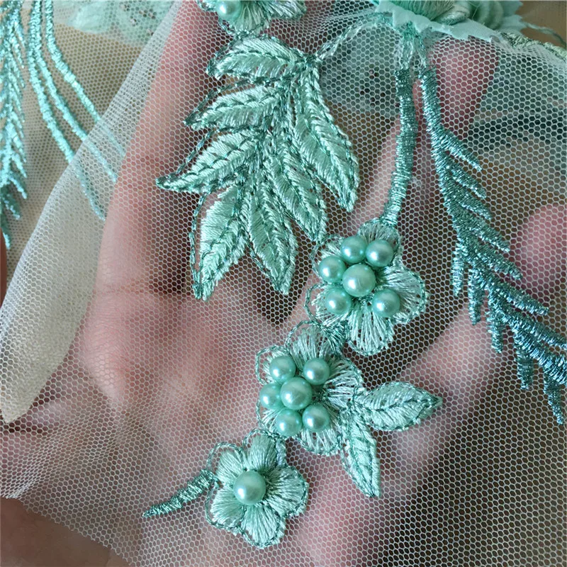 Pretty Mint Green Pearl Beaded 3D Flower Embroidered Lace Applique For Wedding Dress Costumes 2PC