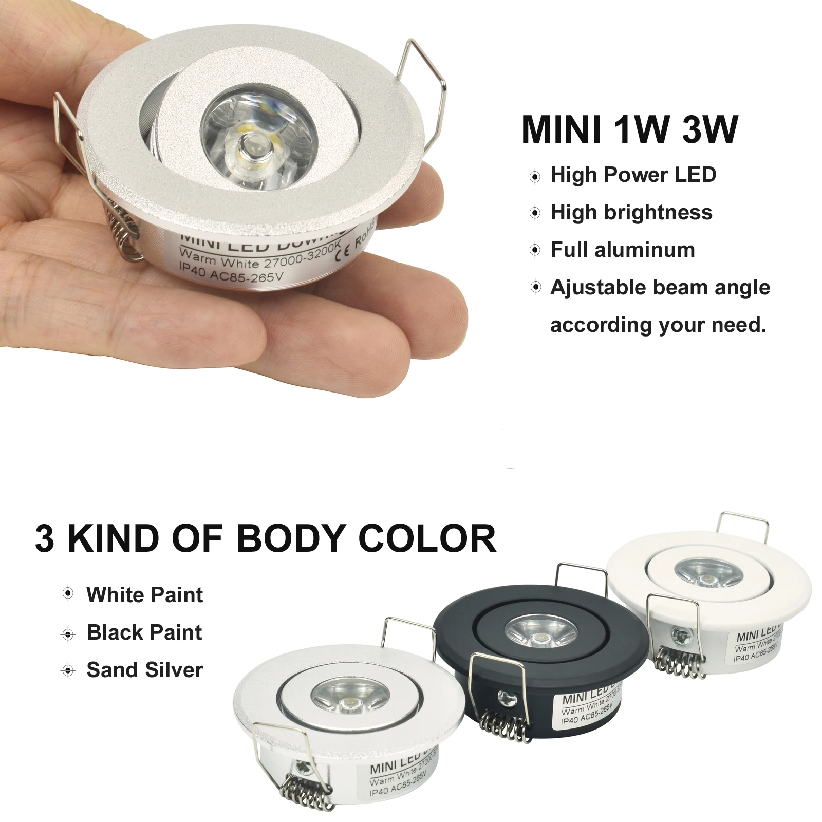 10pcs/lot 1W 3W mini Led spot light Downlight cabinet lights Hole size 40-45mm 110-270LM with LED Driver Free by Express