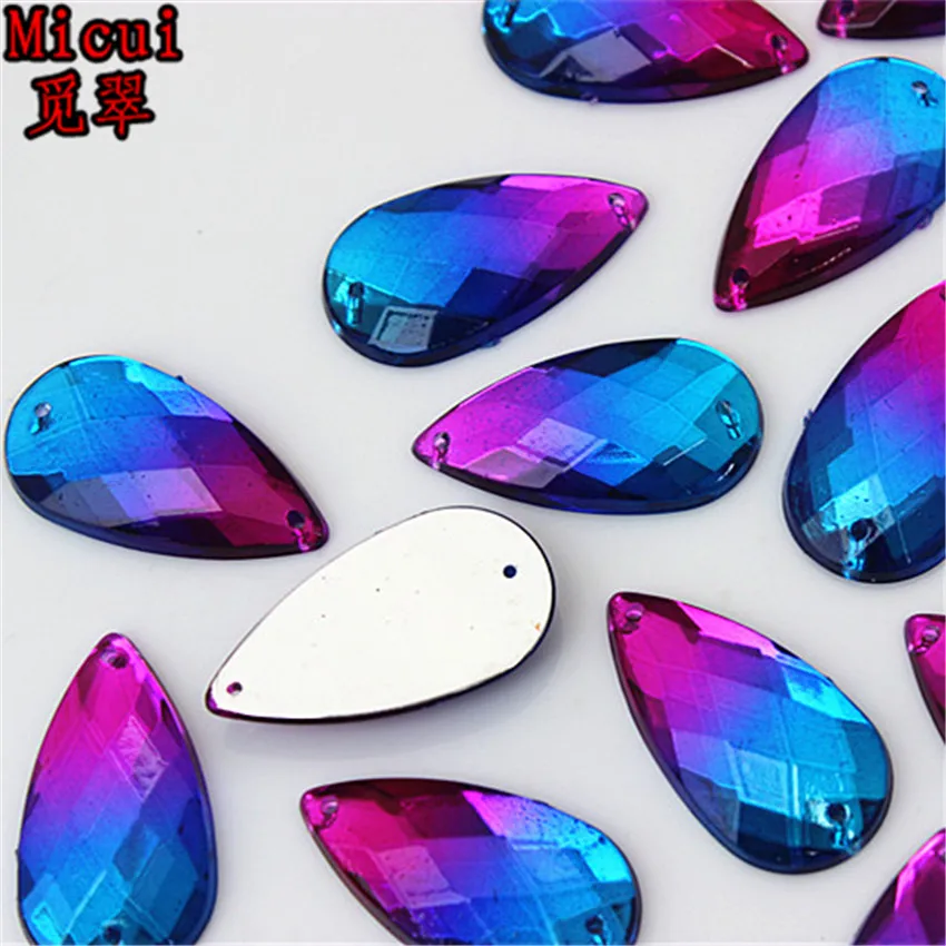 Micui 30pc 16*30mm Double Color Acrylic Rhinestone Crystal Big Drop Shape Sew On Rsilver Base Flatback With 2 Holes ZZ97