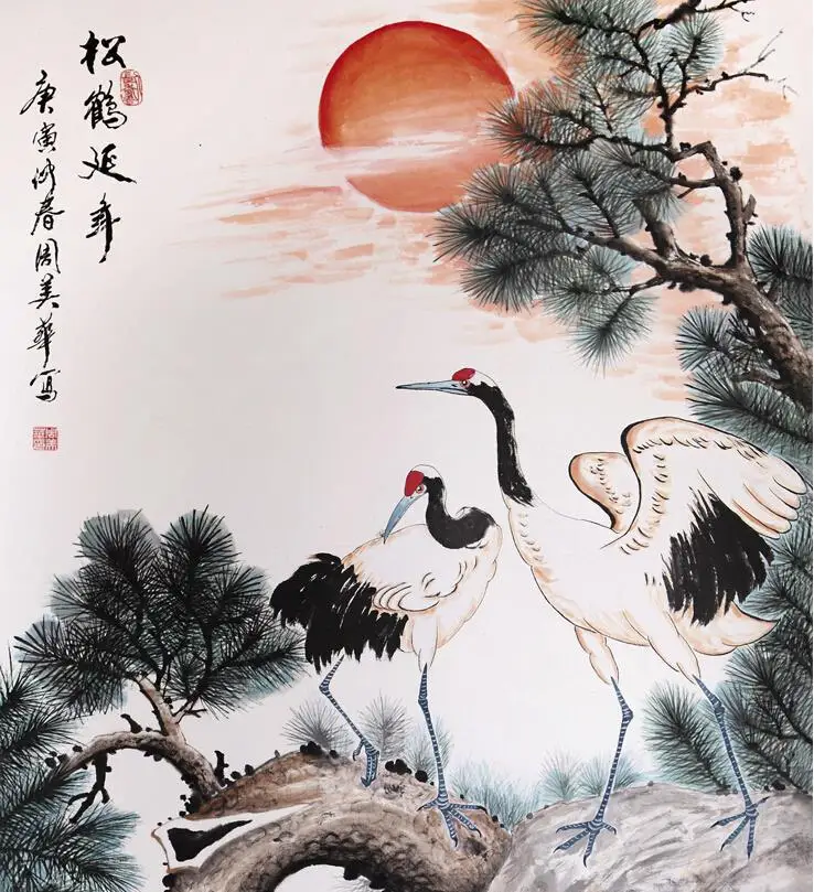 Hotsale free shipping Traditional Chinese Art Painting Home Office Decoration Chinese painting cranes with pine trees