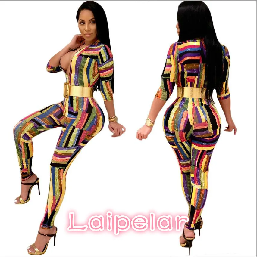 

Graffiti Striped Sexy Jumpsuit Club Front Zip Deep-V Full Bodysuit Casual Overalls Half Sleeve Rompers Womens Jumpsuit