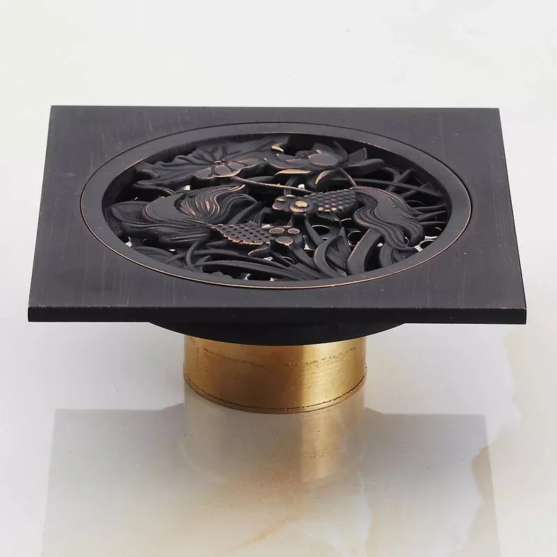 10*10cm Vintage Artistic black Brass Bathroom Square Shower Floor Drain Trap Waste Grate With Hair Strainer anti smelly drains