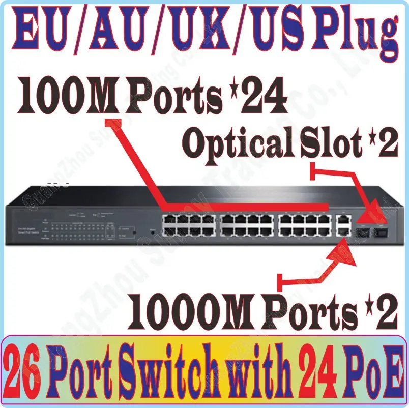 

Макс. PoE 384 Вт, переключатель с 26 портами PoE обеспечивает питание для IP-камеры/точки доступа Wi-Fi, с 24 портами s PoE и 2 RJ-45 порта Gigabit и 2 портами SFP