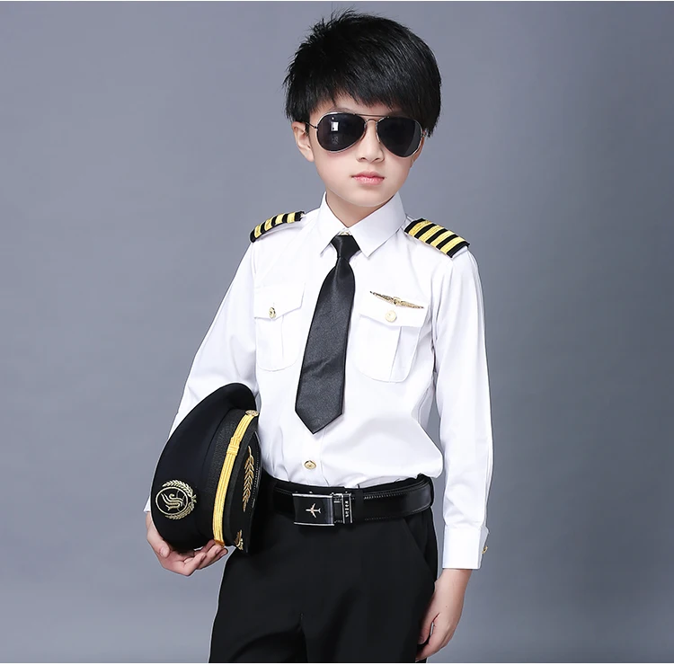 New Arrivals boy Short Sleeve White Airline Pilot Uniforms Fashion Slim Fit Black Workwear children's show Clothing