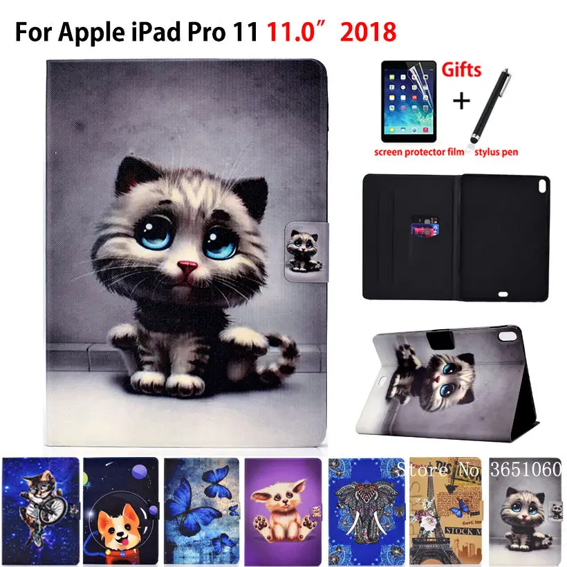 Cute Cat Smart Case For iPad Pro 11 2018 Cover Funda For iPad Pro 11 inch 2018 A1934 A1980 A1979 A2013 Stand Skin +Stylus+film