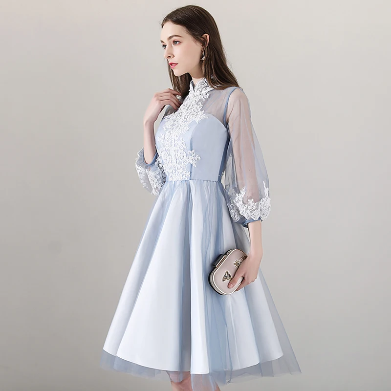 Janevin 빈티지 tulle 짧은 신부 들러리 드레스 높은 목 퍼프 슬리브 레이스 applique 환상 라인 무릎 길이 파티 파티 가운