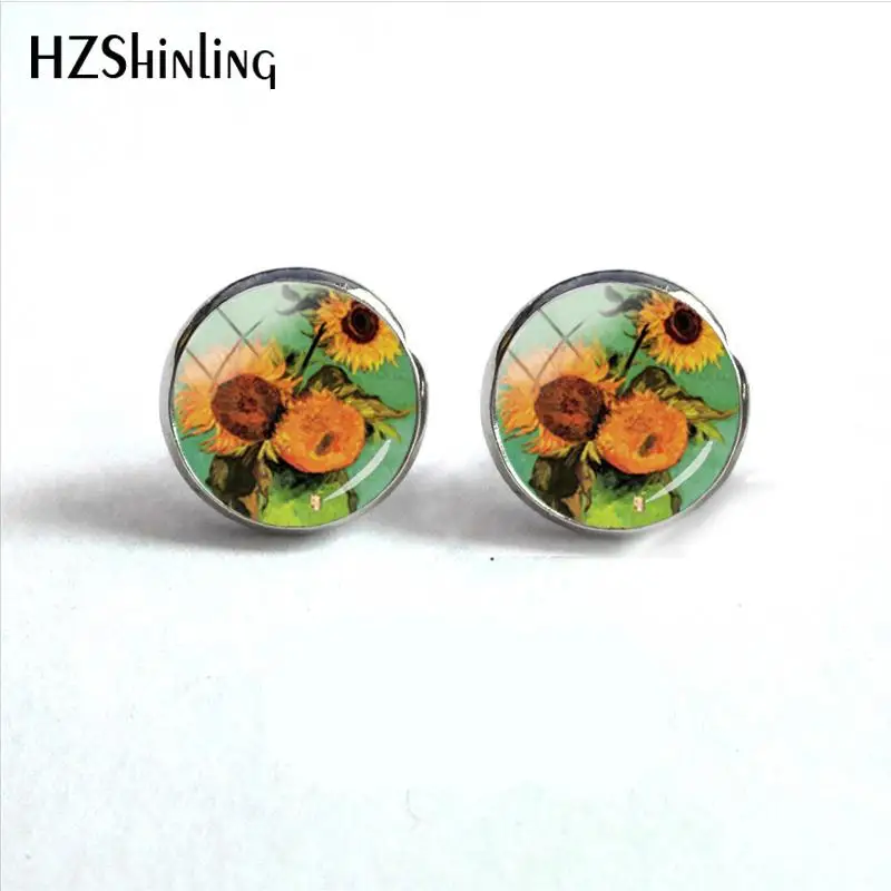 2018 New Sunflower Earring Color Flowers Ear Stud Handmade Earrings Art Glass Cabochon Jewelry HZ4