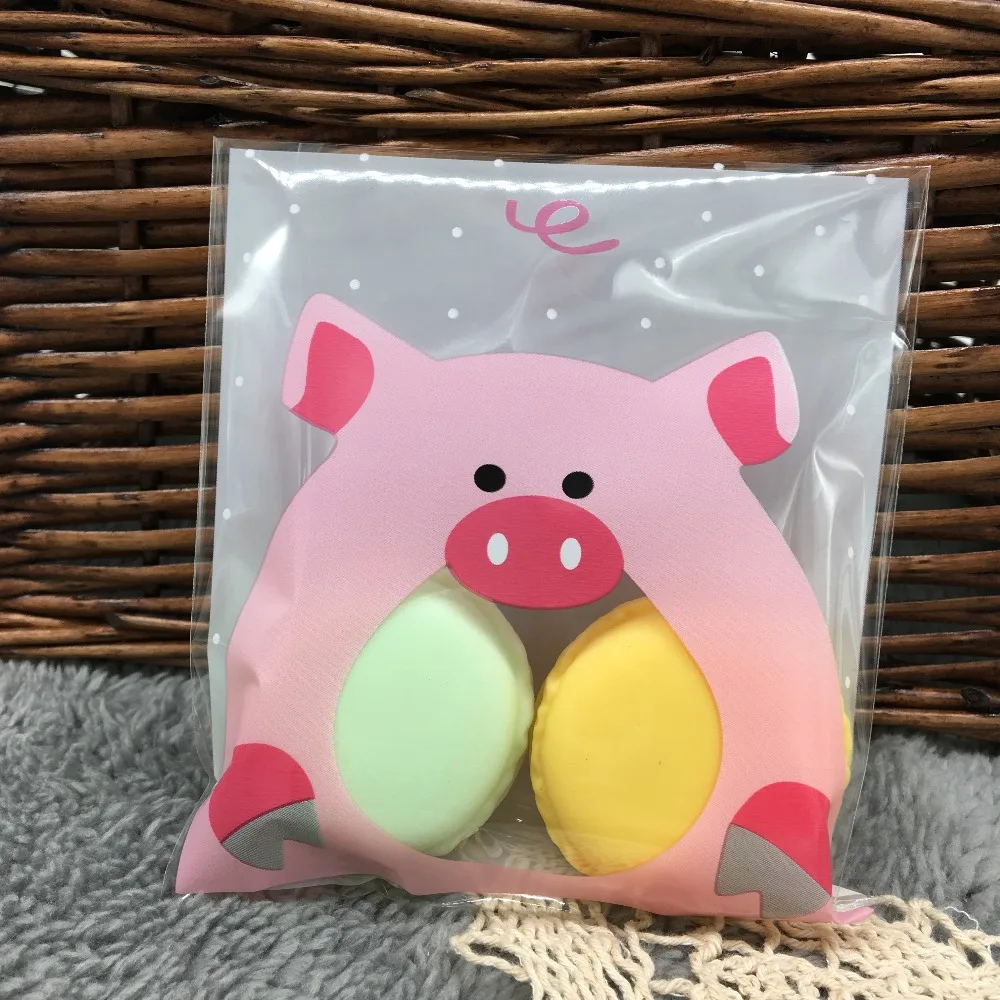 10cm*10cm 50Pcs Pink Eating Pig Cookie Self Adhesive Plastic Packing Bags Biscuit Baked Food Package