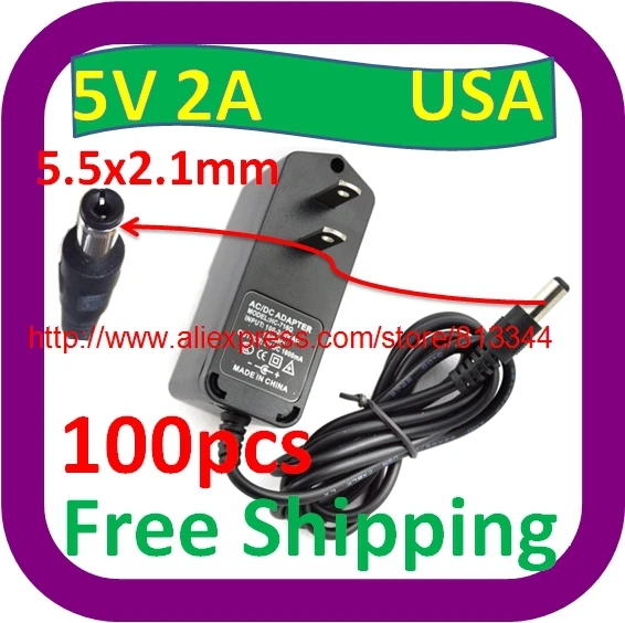 100 pcs AC 100-240V to DC 5V 2A Switching Power Supply Converter Adapter USA Plug 10w