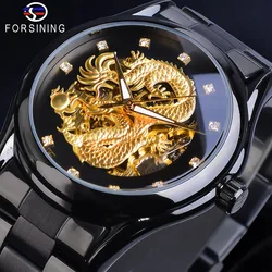 Forsining Skeleton Golden Mechanical Watch Men's Automatic 3D Carved Dragon Steel Band Wrist Watches Luxury Top Brand Self Wind