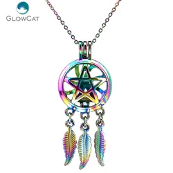 C729 Rainbow Color Beaty Dream Catcher Pentagram leaf Cage Pendant Aroma Essential Oil Diffuser Locket Necklace